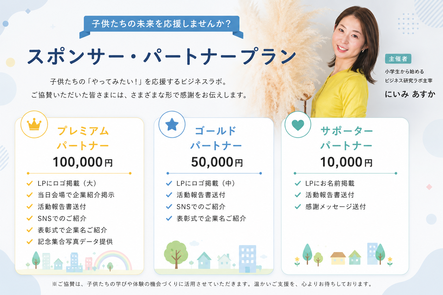 スポンサー・パートナープラン｜プレミアム100,000円・ゴールド50,000円・サポーター10,000円