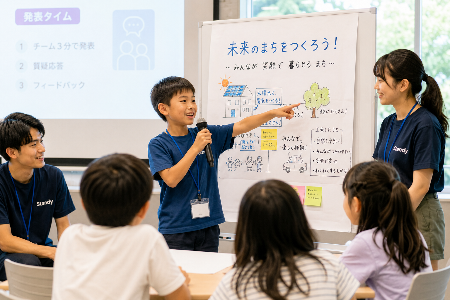 小学生が自分のアイデアを発表し、仲間や大学生が見守る様子